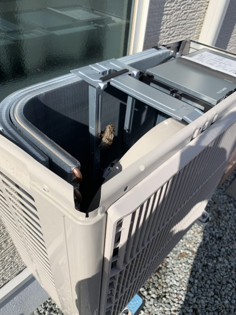 相馬市で駆除した室外機の中にできたアシナガバチ駆除